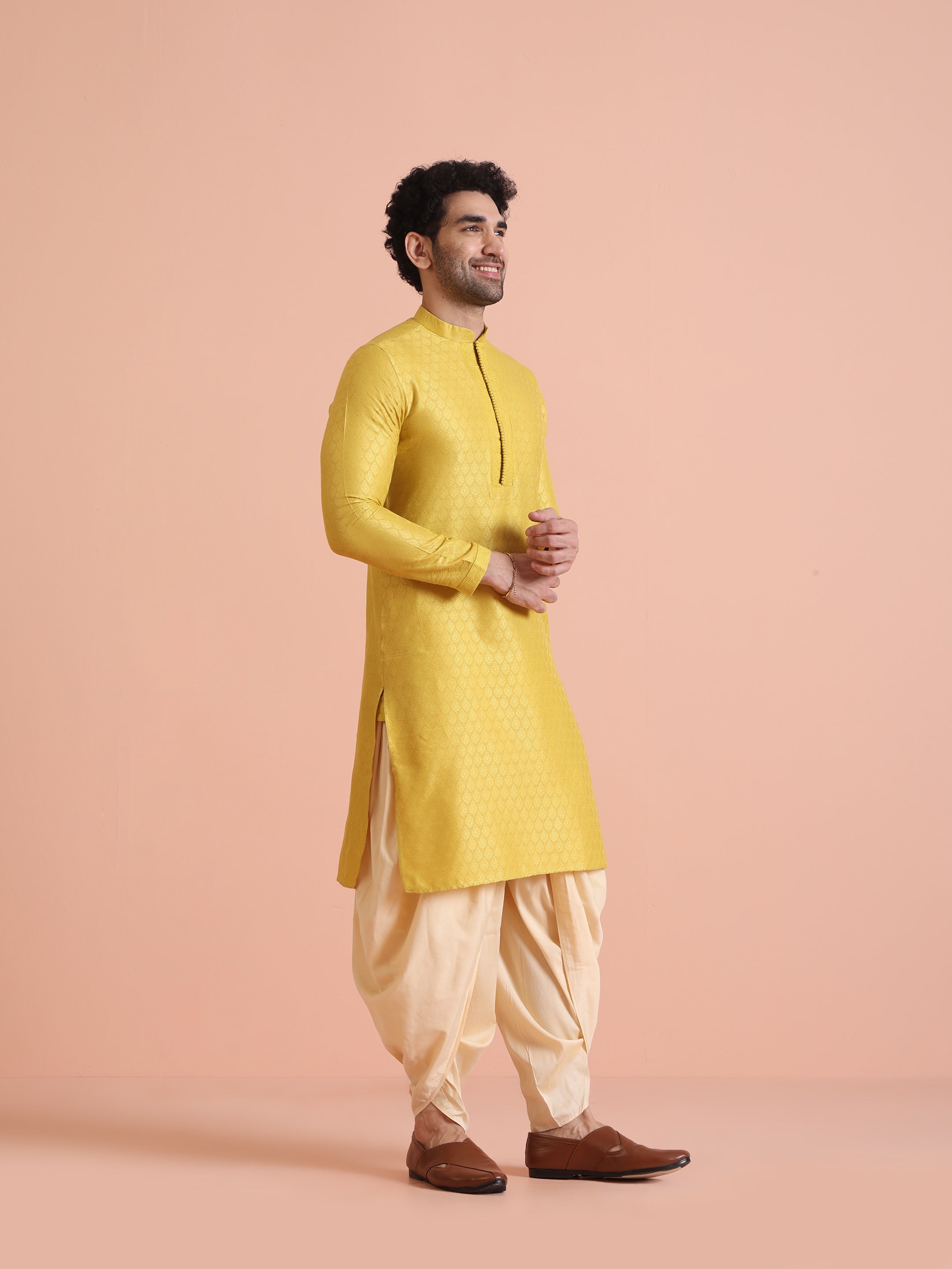 Men's Yellow Silk Blend Jacquard Long Festive Kurta