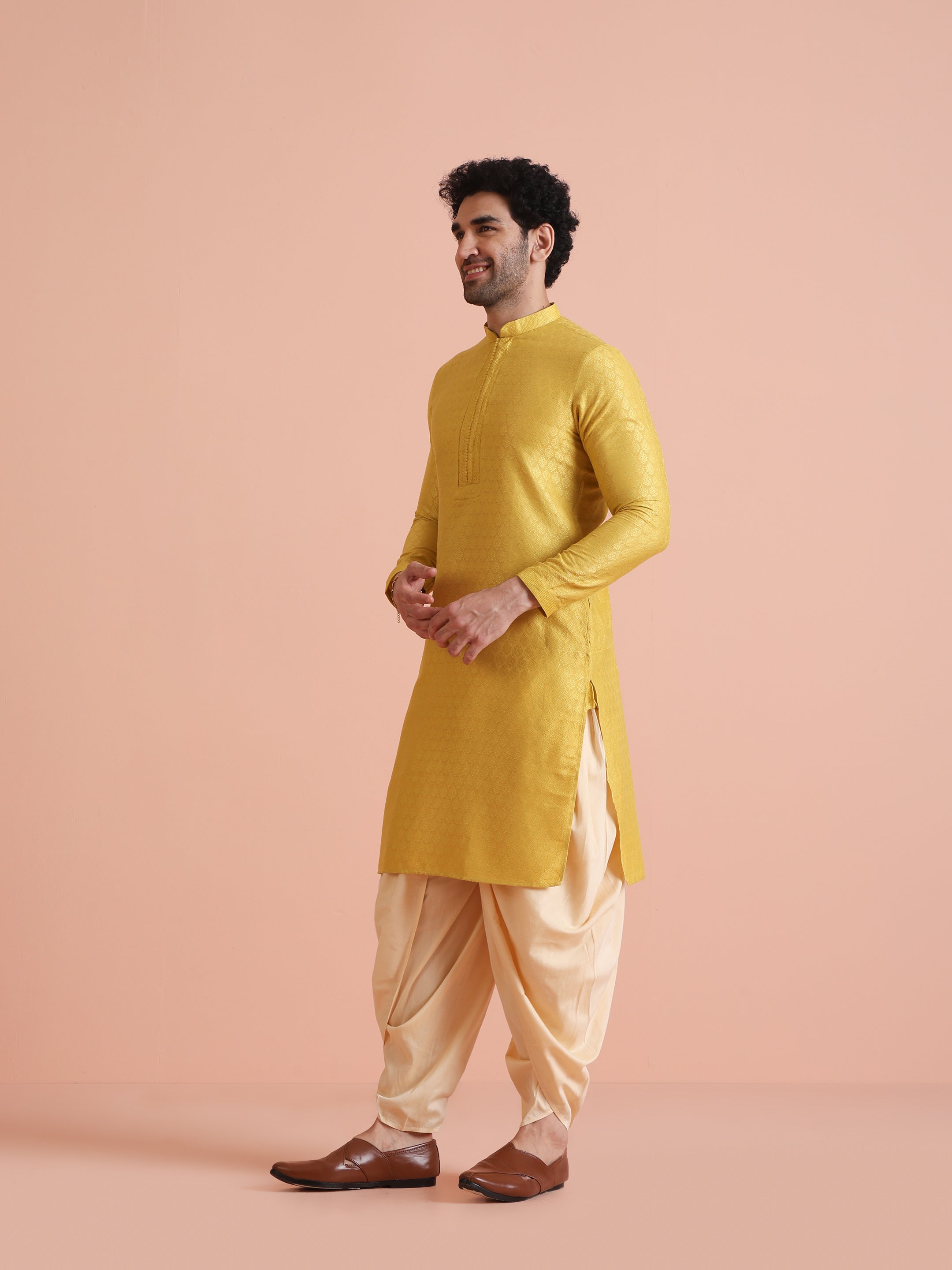 Men's Yellow Silk Blend Jacquard Long Festive Kurta