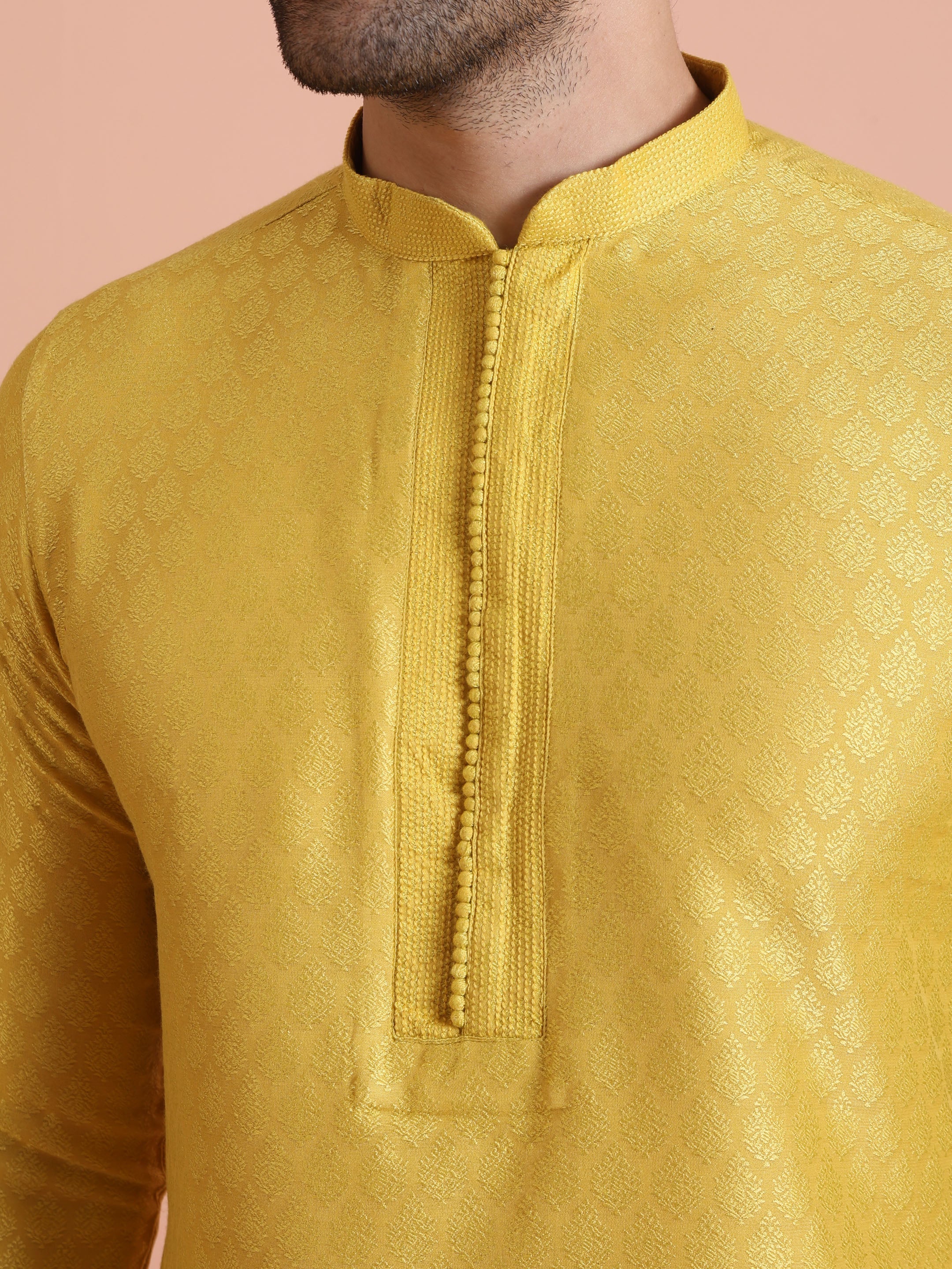 Men's Yellow Silk Blend Jacquard Long Festive Kurta