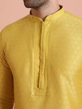 Men's Yellow Silk Blend Jacquard Long Festive Kurta