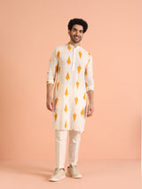 Men's White Cotton with Mustard Ikat Printed Festive Kurta