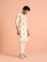 Men's White Cotton with Mustard Ikat Printed Festive Kurta