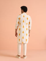 Men's White Cotton with Mustard Ikat Printed Festive Kurta