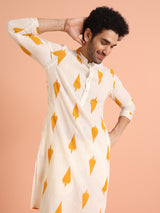Men's White Cotton with Mustard Ikat Printed Festive Kurta