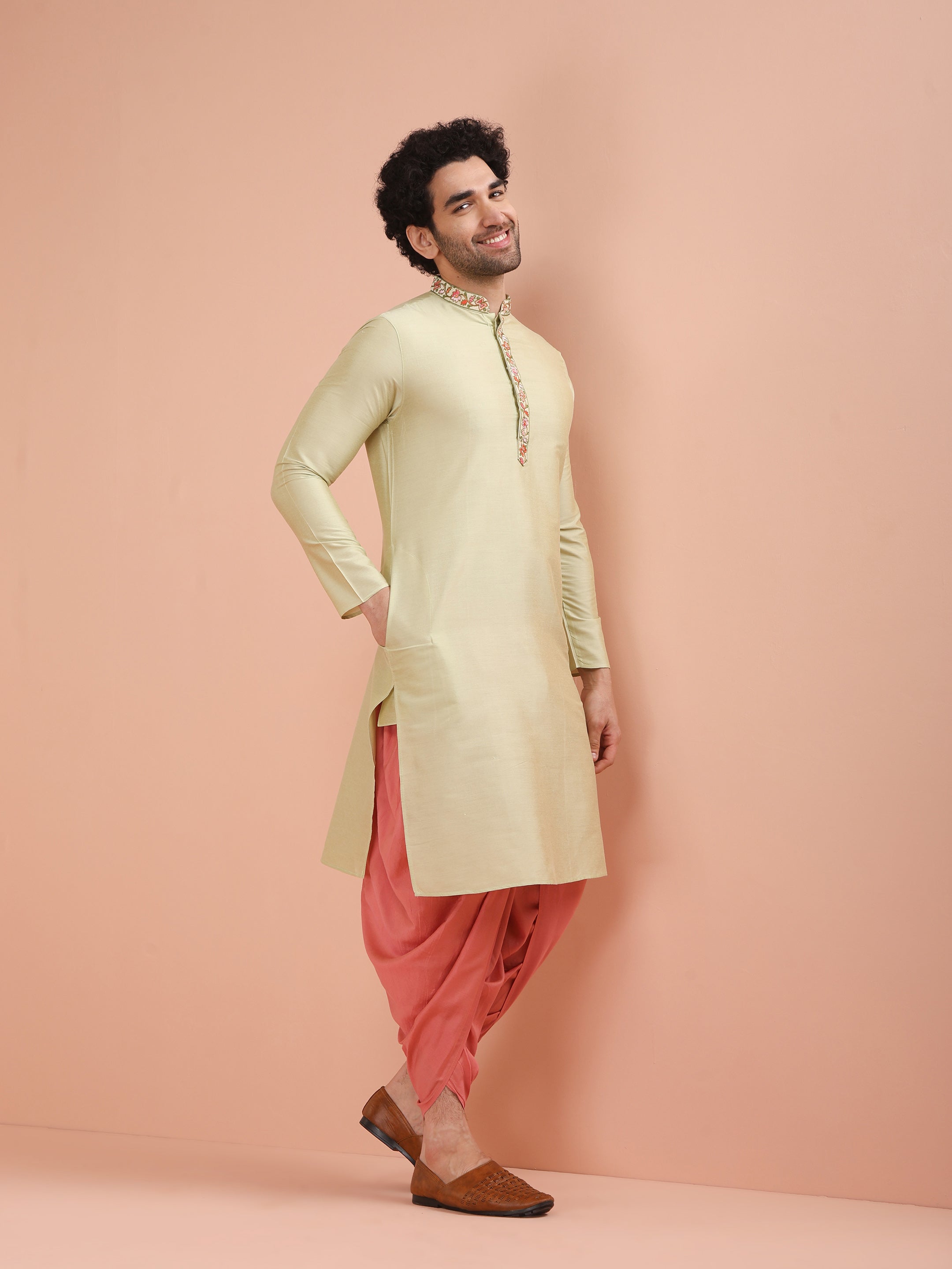 Men's Beige Silk Blend Embroidered Long Festive Kurta