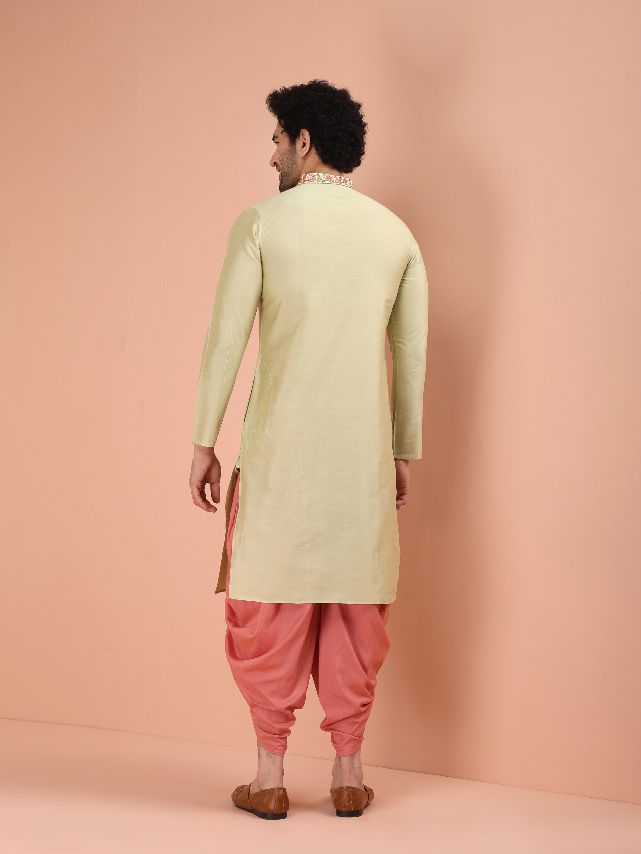Men's Beige Silk Blend Embroidered Long Festive Kurta