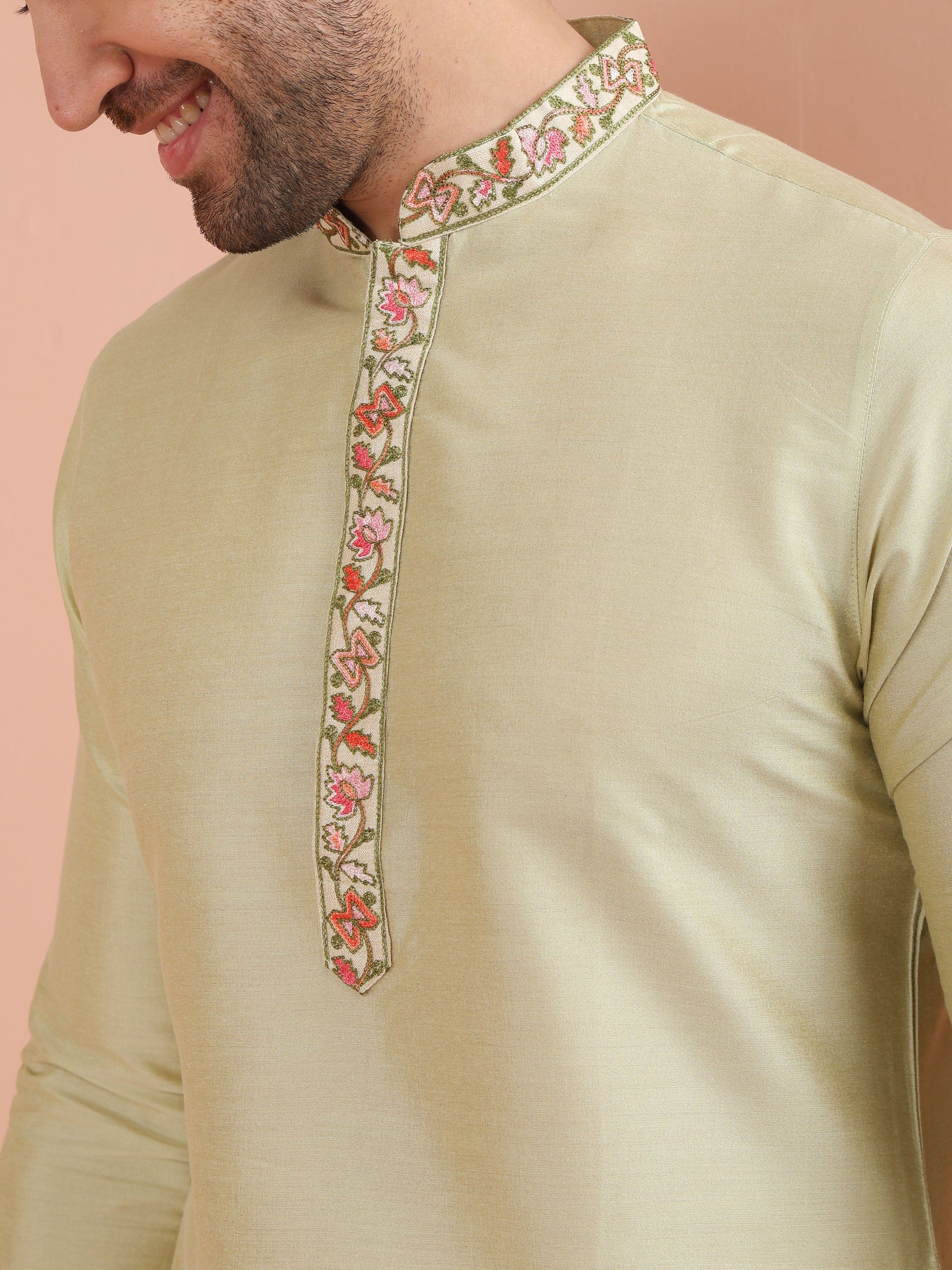 Men's Beige Silk Blend Embroidered Long Festive Kurta