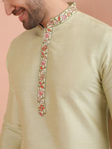 Men's Beige Silk Blend Embroidered Long Festive Kurta