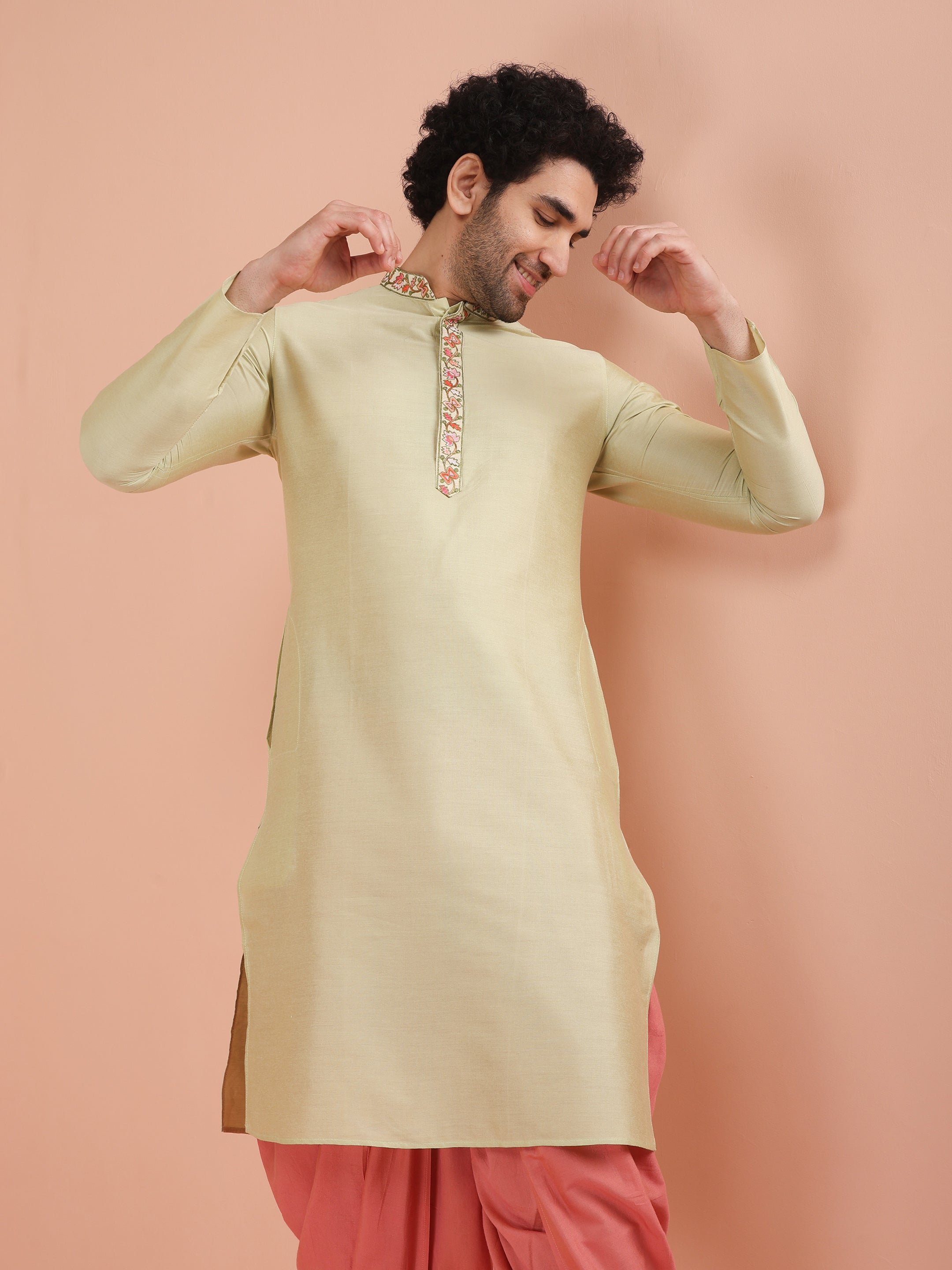 Men's Beige Silk Blend Embroidered Long Festive Kurta