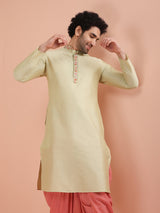 Men's Beige Silk Blend Embroidered Long Festive Kurta