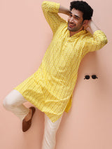 Men's Yellow Silk Blend with Geometric Woven Pattern Festive Kurta