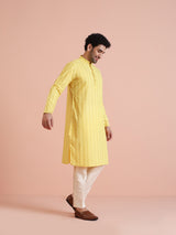Men's Yellow Silk Blend with Geometric Woven Pattern Festive Kurta