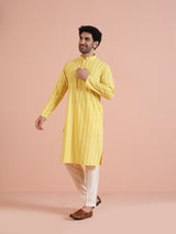 Men's Yellow Silk Blend with Geometric Woven Pattern Festive Kurta