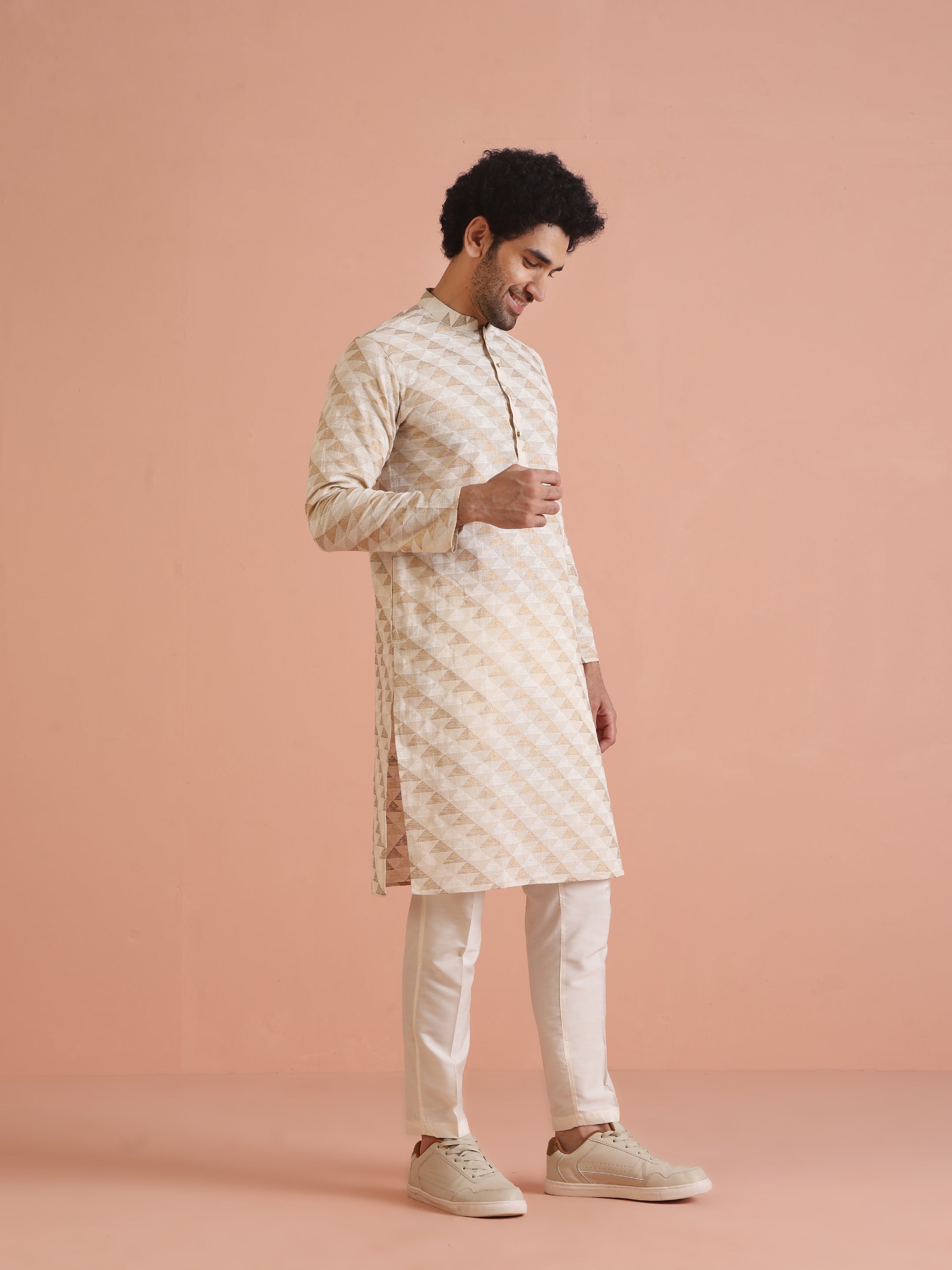 Men's Cream Festive Printed Kurta