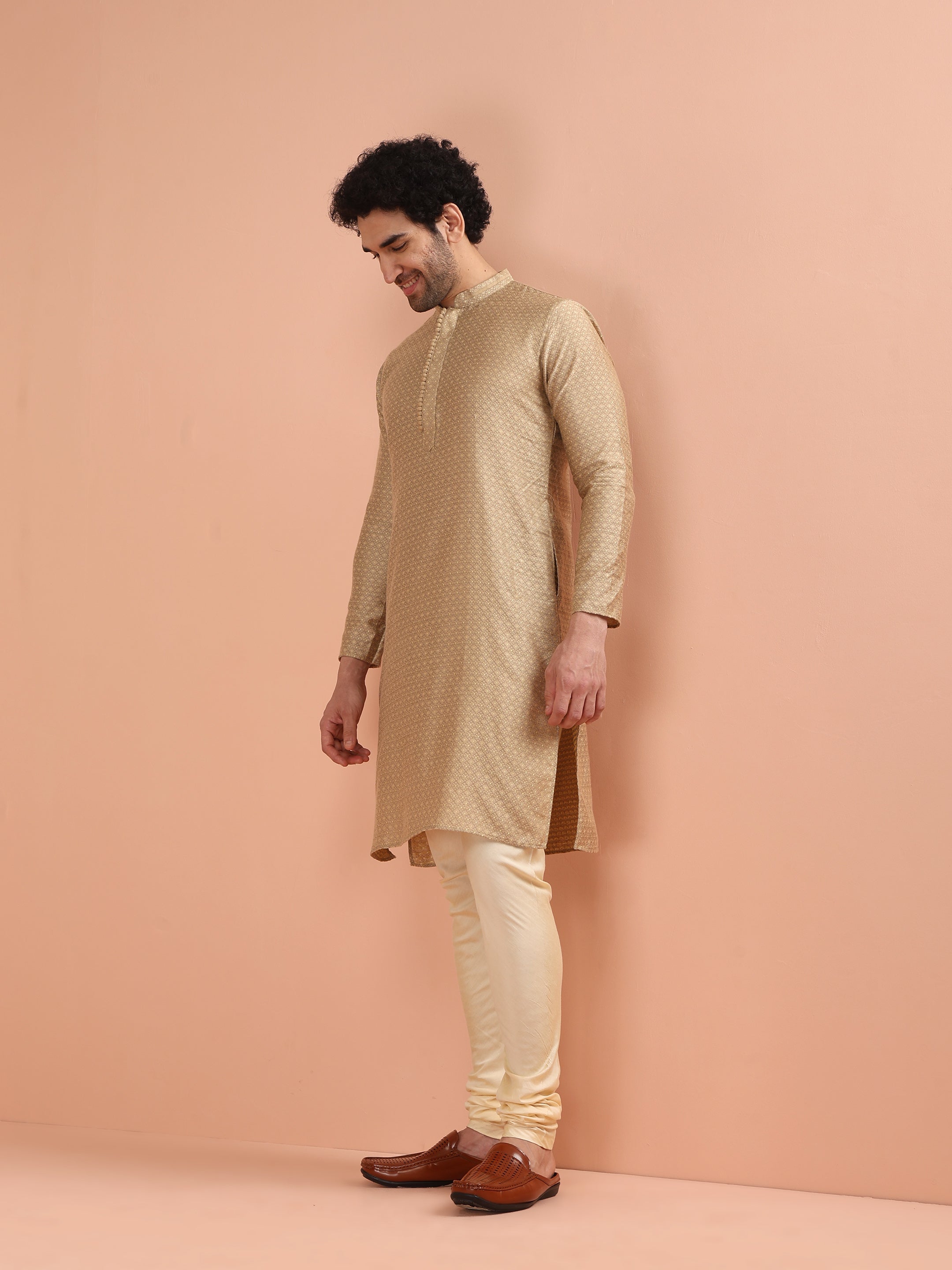 Men's Beige Silk Blend Textured Long Festive Kurta