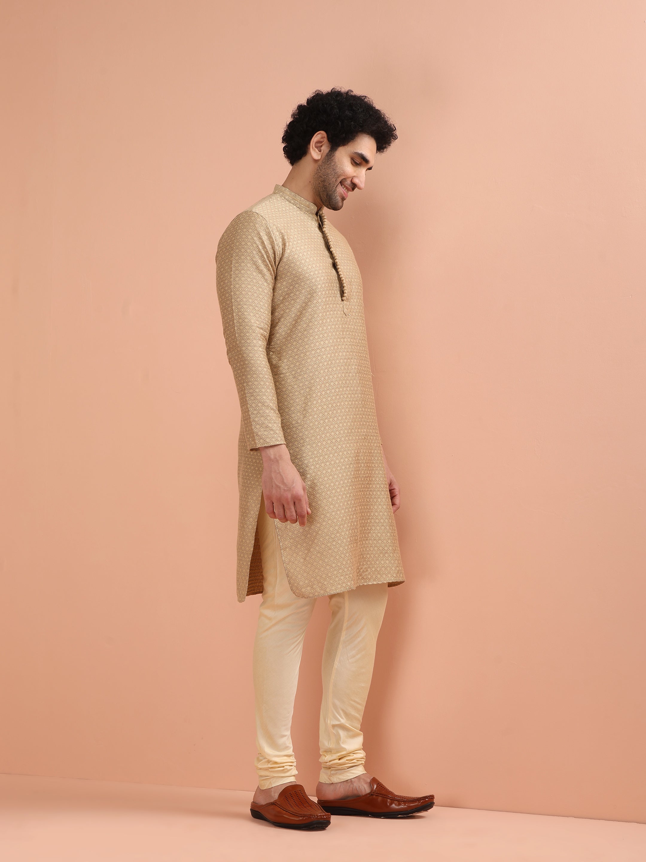 Men's Beige Silk Blend Textured Long Festive Kurta
