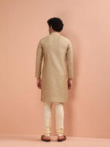 Men's Beige Silk Blend Textured Long Festive Kurta