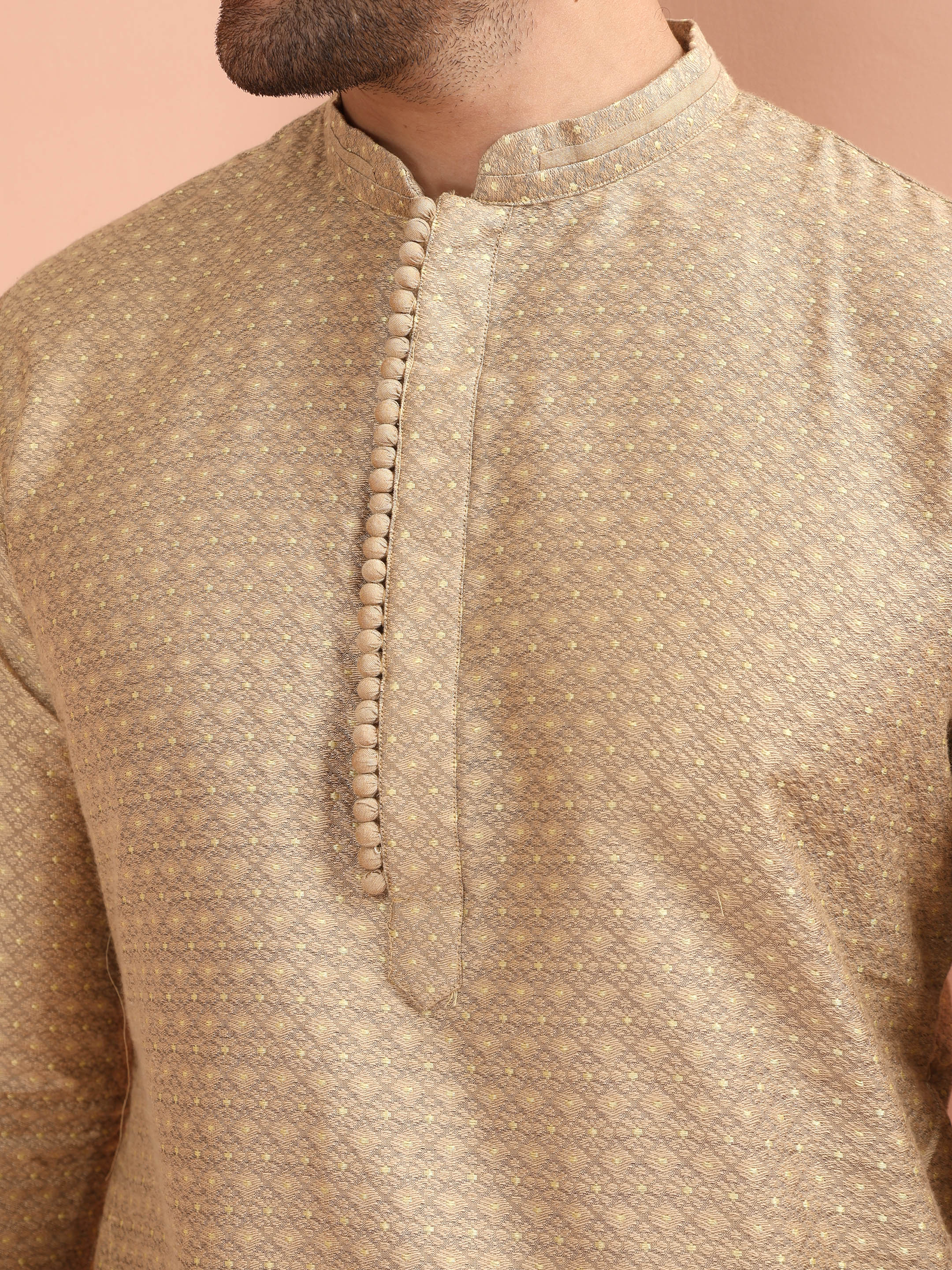 Men's Beige Silk Blend Textured Long Festive Kurta
