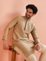 Men's Beige Silk Blend Textured Long Festive Kurta