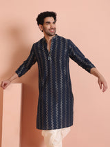Men's Navy Art Silk Zigzag Festive Kurta