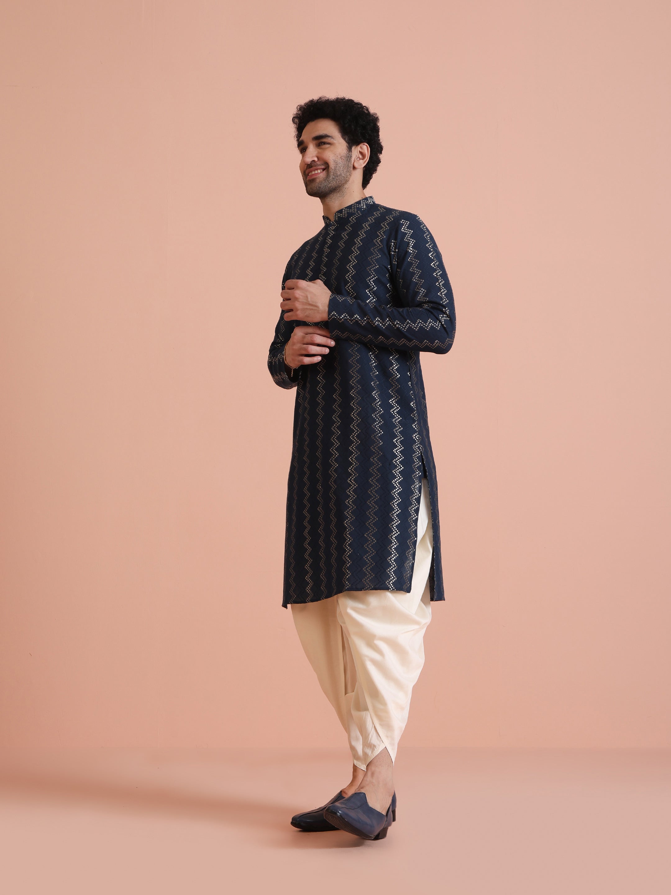 Men's Navy Art Silk Zigzag Festive Kurta