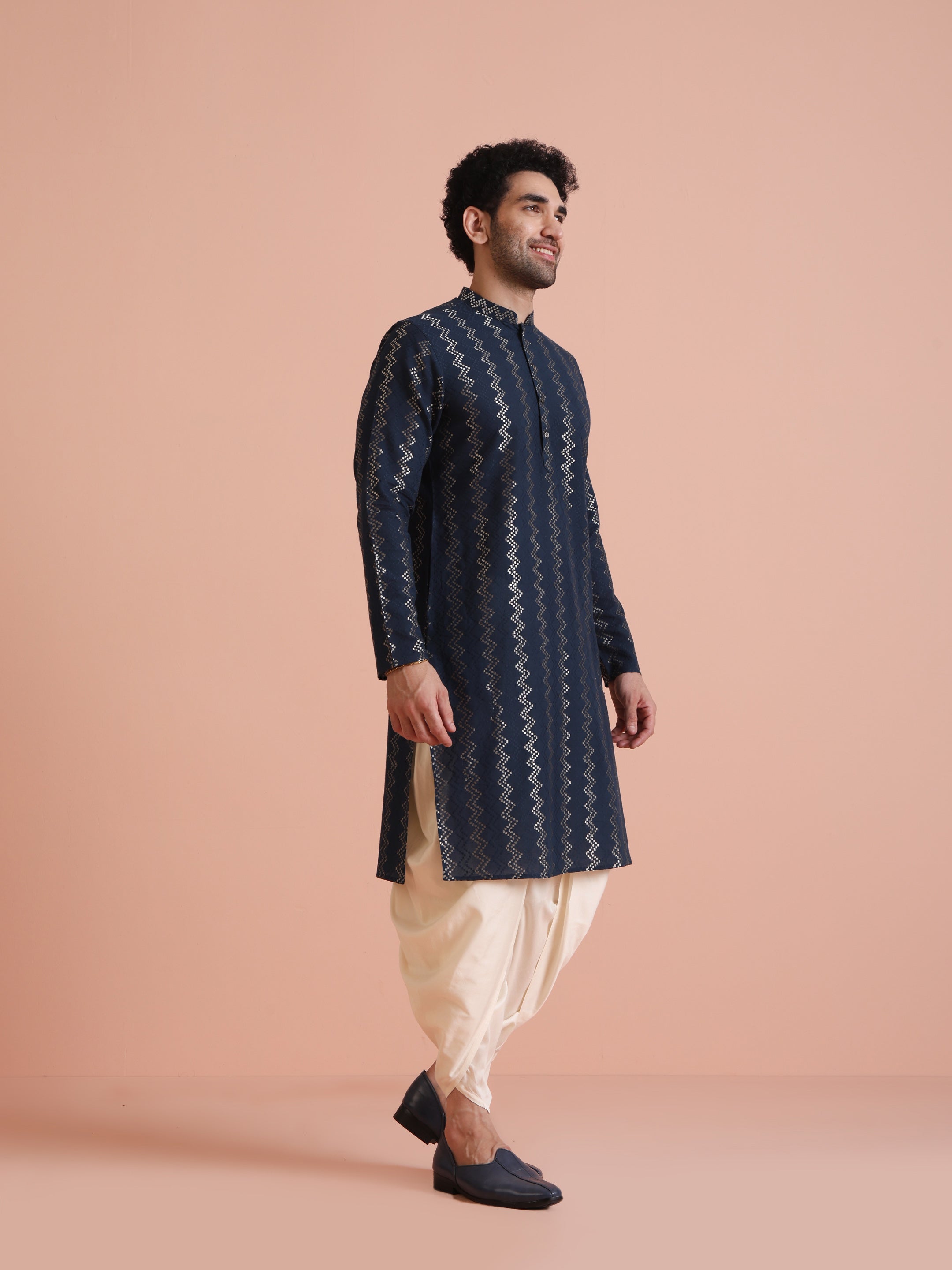 Men's Navy Art Silk Zigzag Festive Kurta