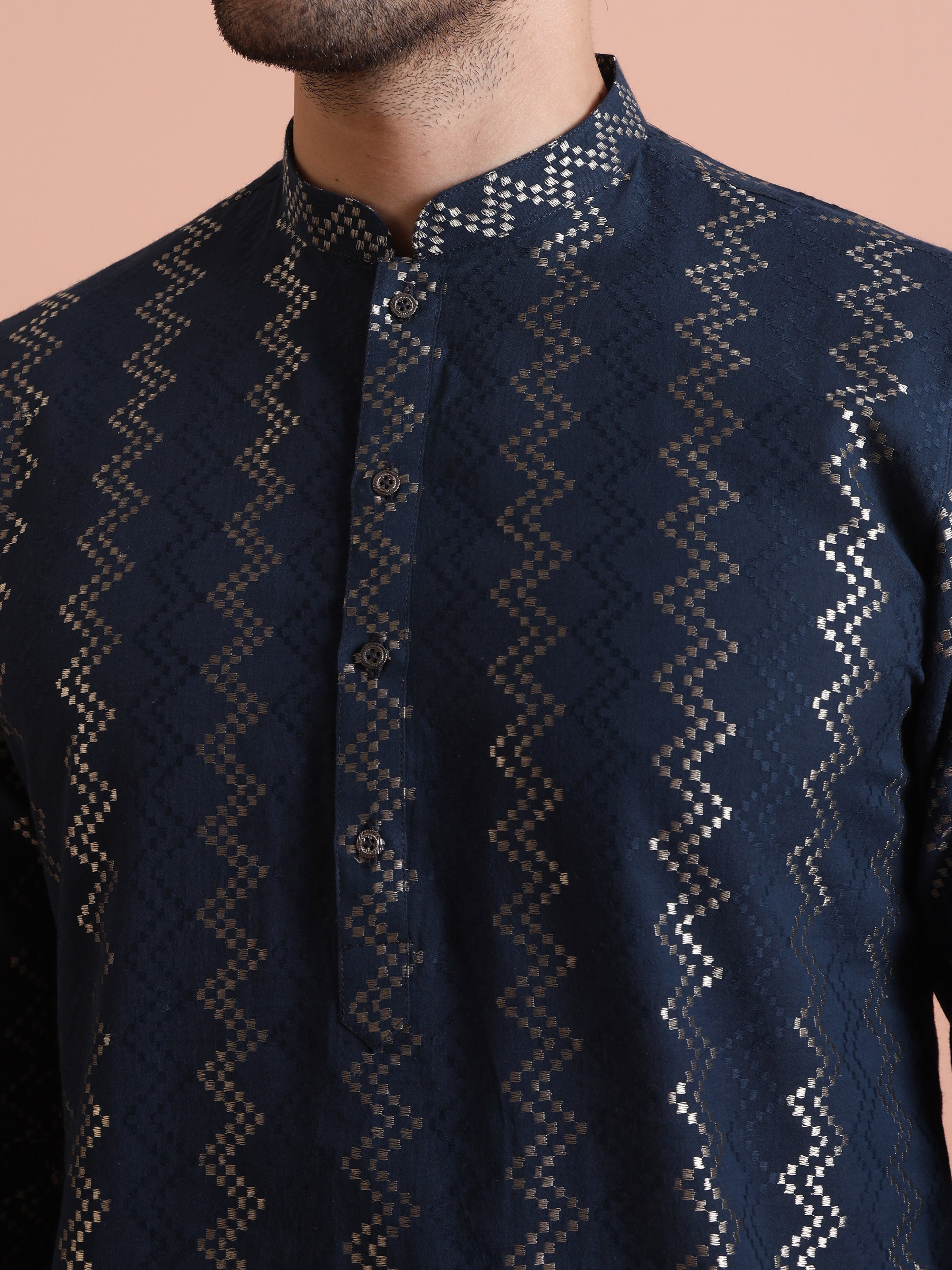 Men's Navy Art Silk Zigzag Festive Kurta