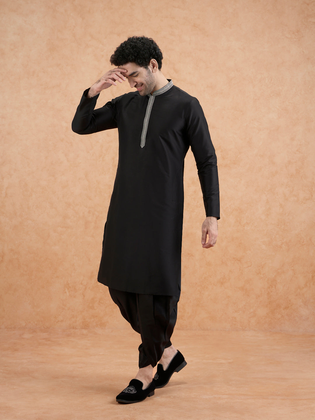 Men's Black Cotton Silk Festive Kurta
