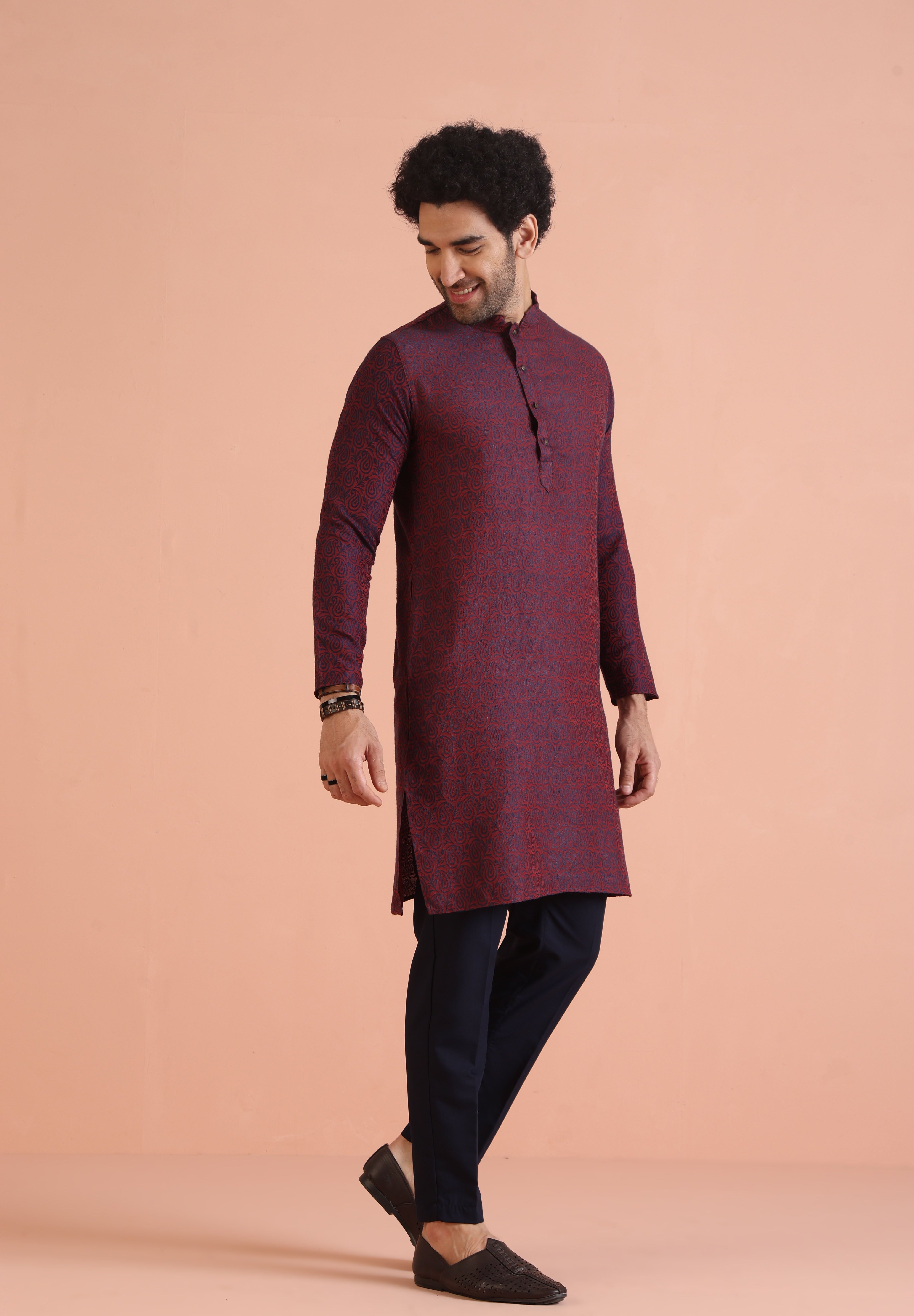 Men's Maroon Cotton Silk Paisley Printed Festive Kurta