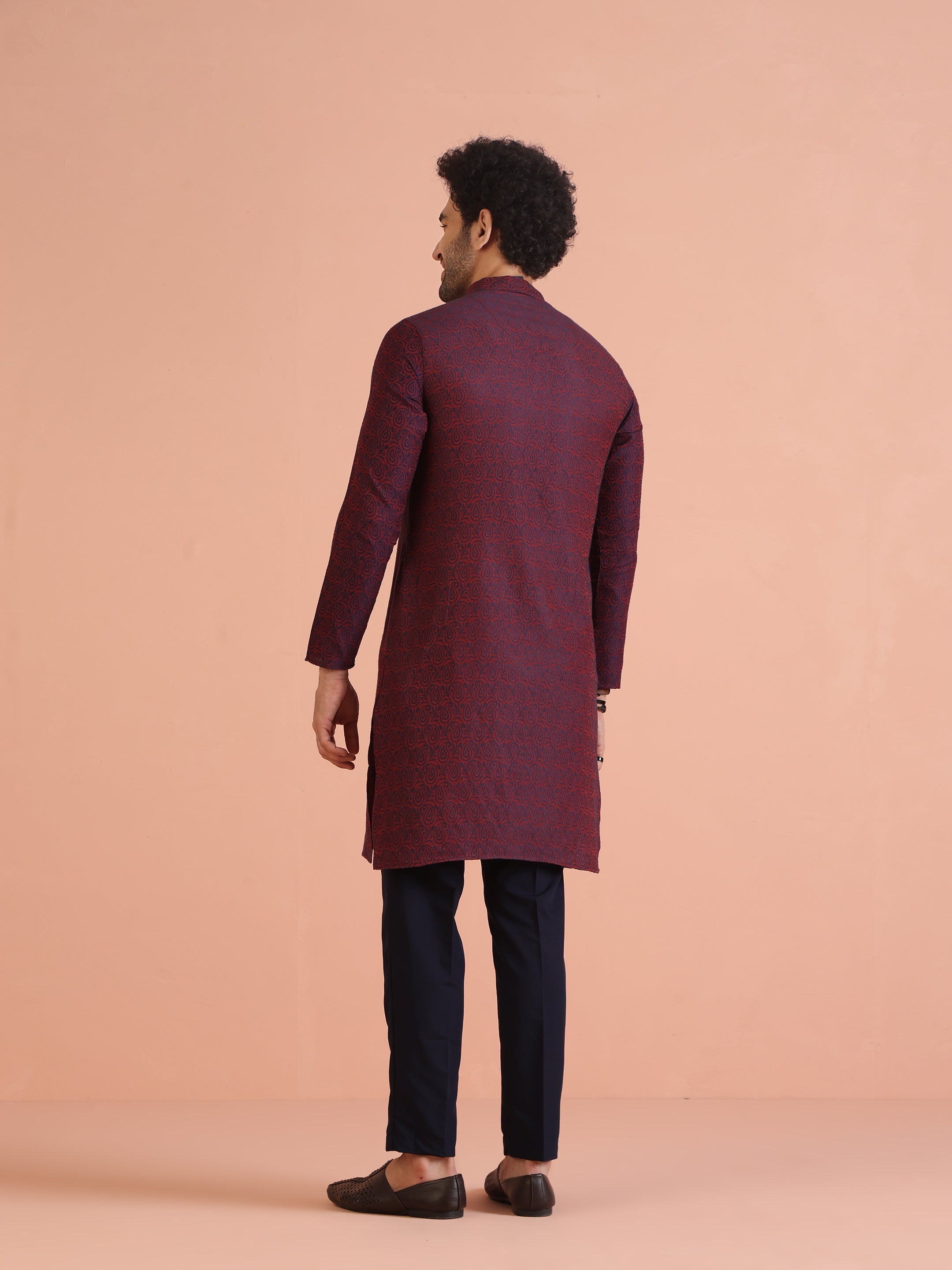 Men's Maroon Cotton Silk Paisley Printed Festive Kurta