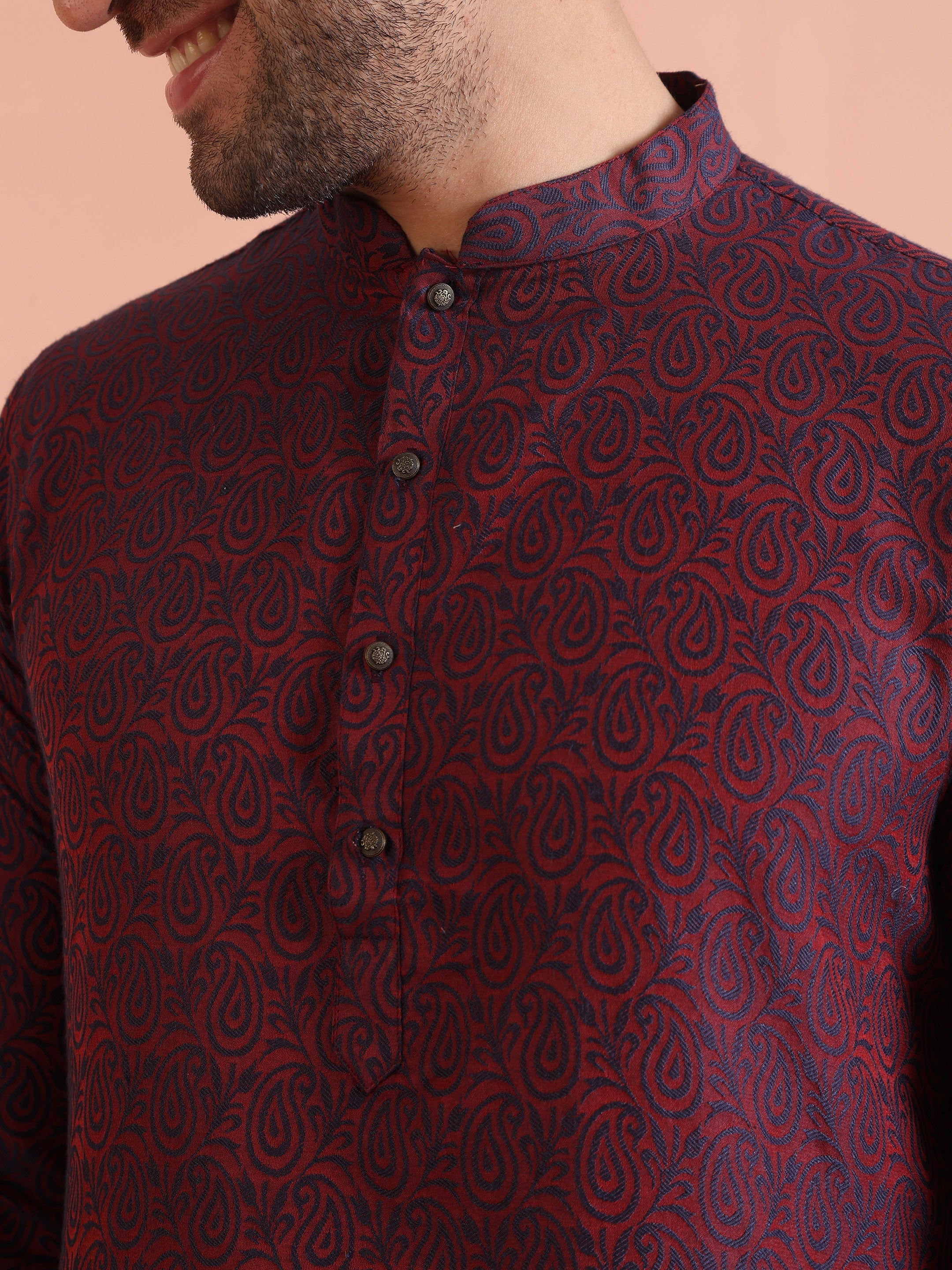 Men's Maroon Cotton Silk Paisley Printed Festive Kurta