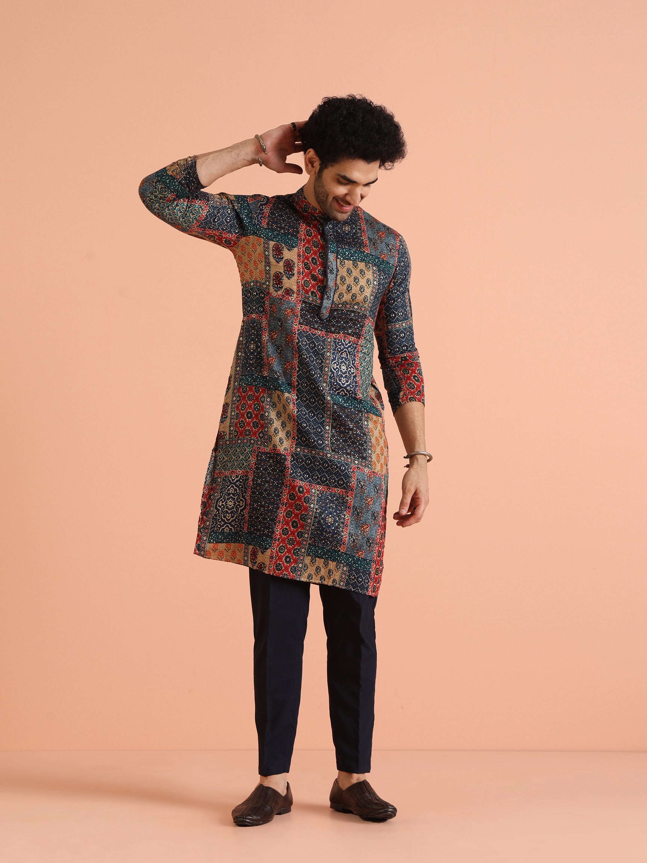 Men's Navy Blue Festive Printed Kurta