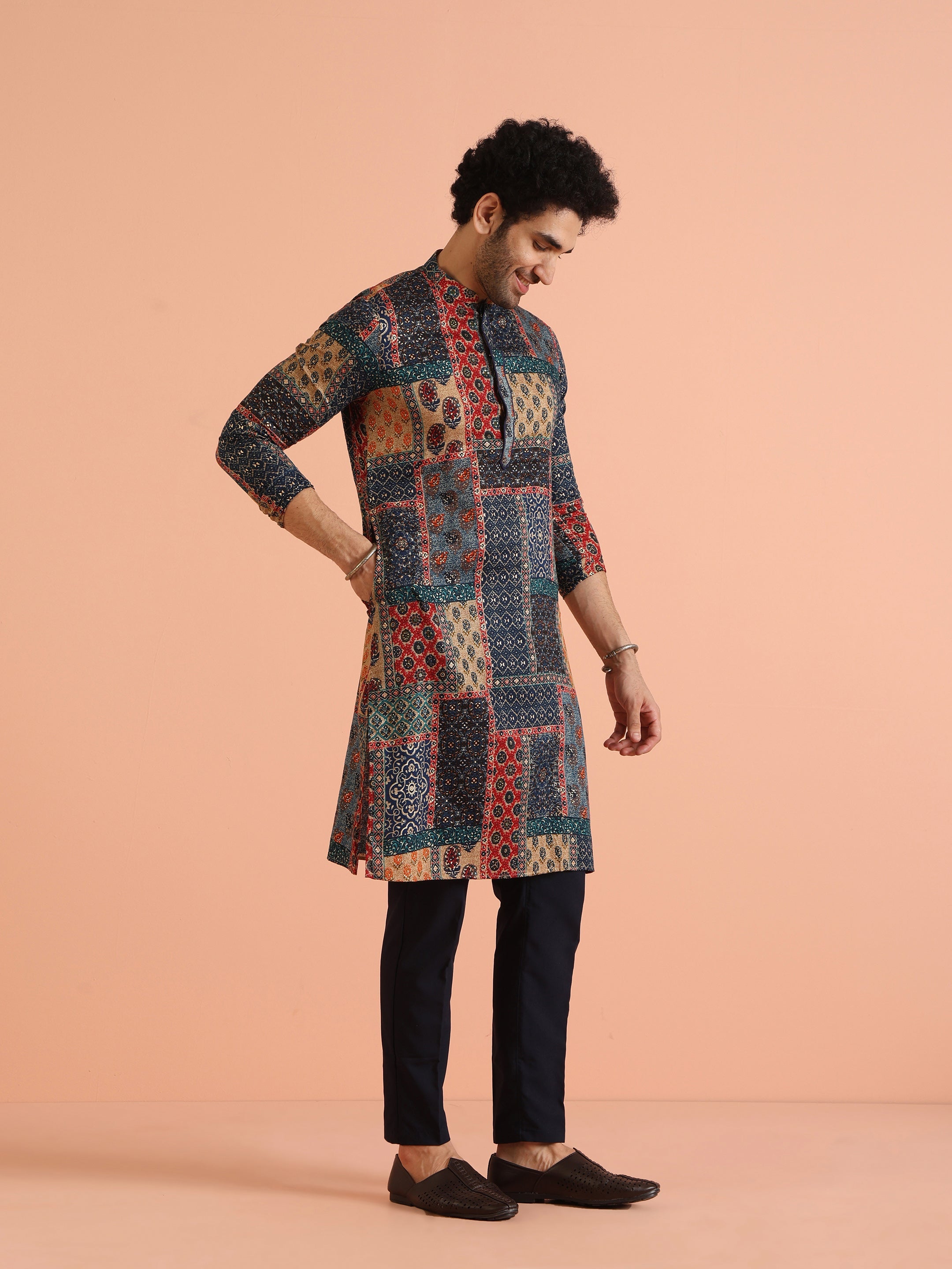 Men's Navy Blue Festive Printed Kurta