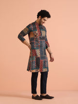 Men's Navy Blue Festive Printed Kurta