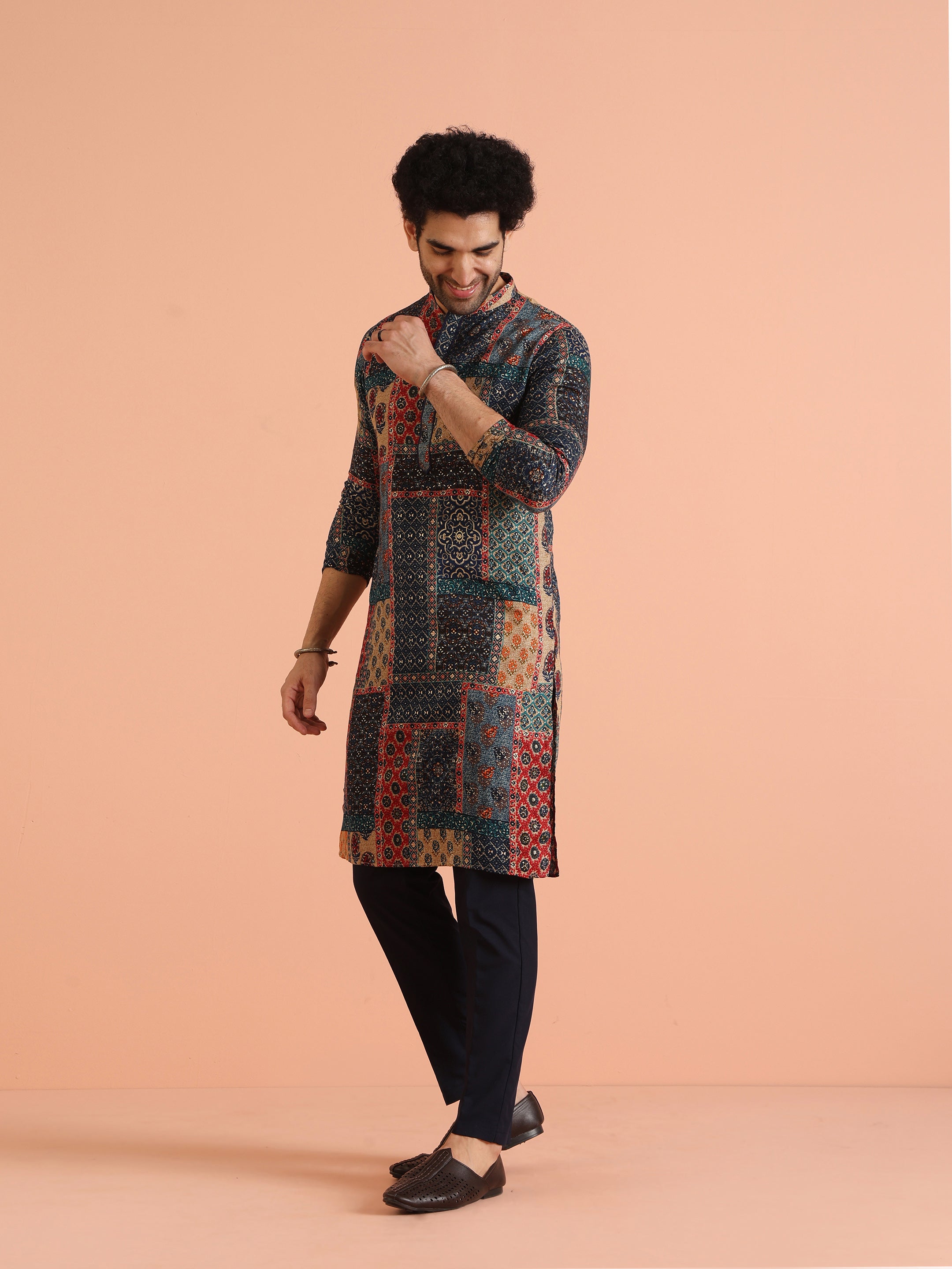 Men's Navy Blue Festive Printed Kurta