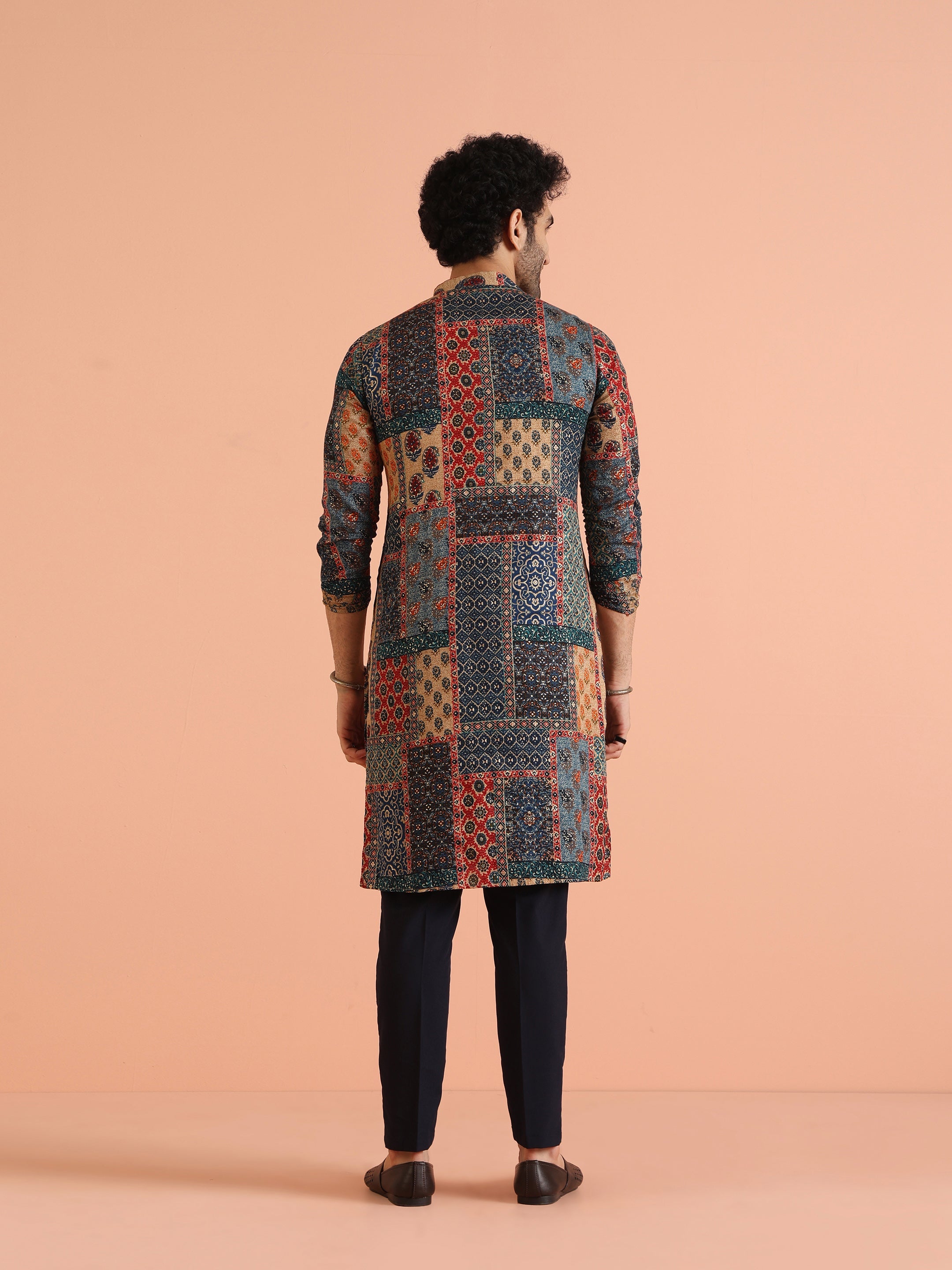 Men's Navy Blue Festive Printed Kurta
