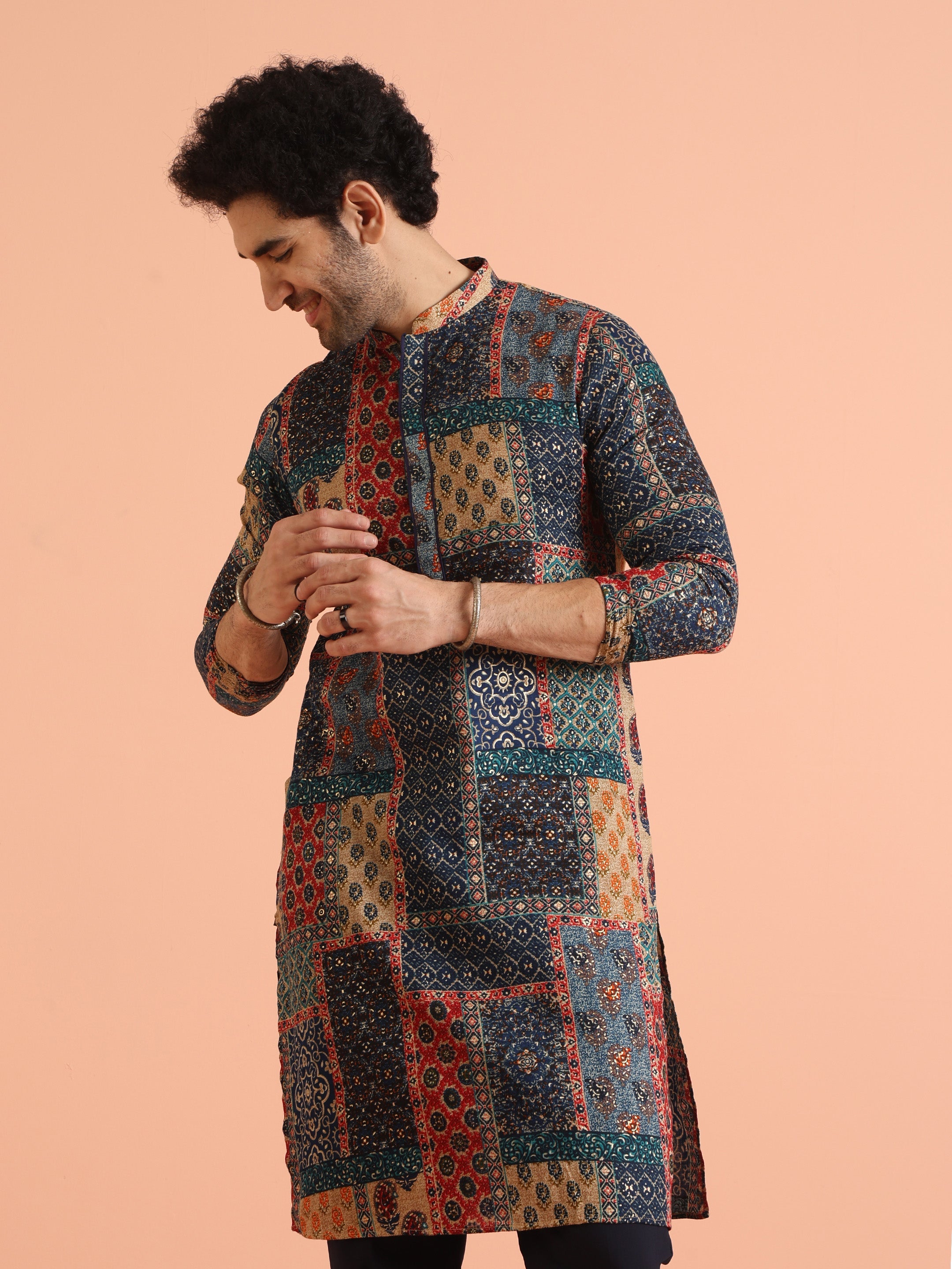 Men's Navy Blue Festive Printed Kurta