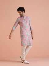 Men's Multicolor Art Silk Printed Long Festive Kurta