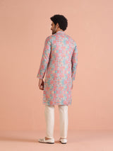 Men's Multicolor Art Silk Printed Long Festive Kurta