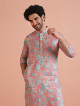 Men's Multicolor Art Silk Printed Long Festive Kurta