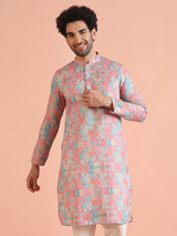 Men's Multicolor Art Silk Printed Long Festive Kurta