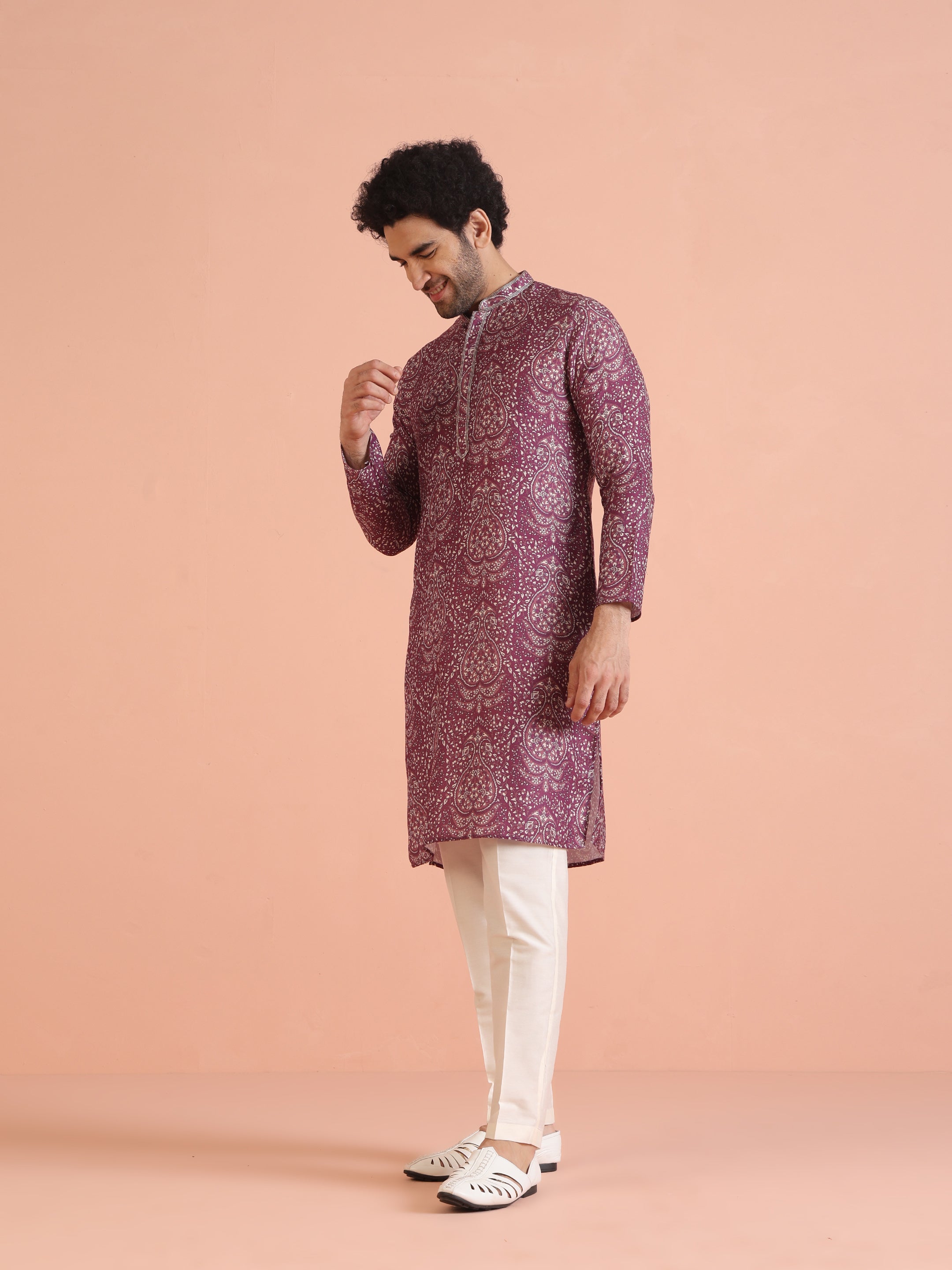 Men's Maroon Art Silk Paisley Printed Festive Kurta