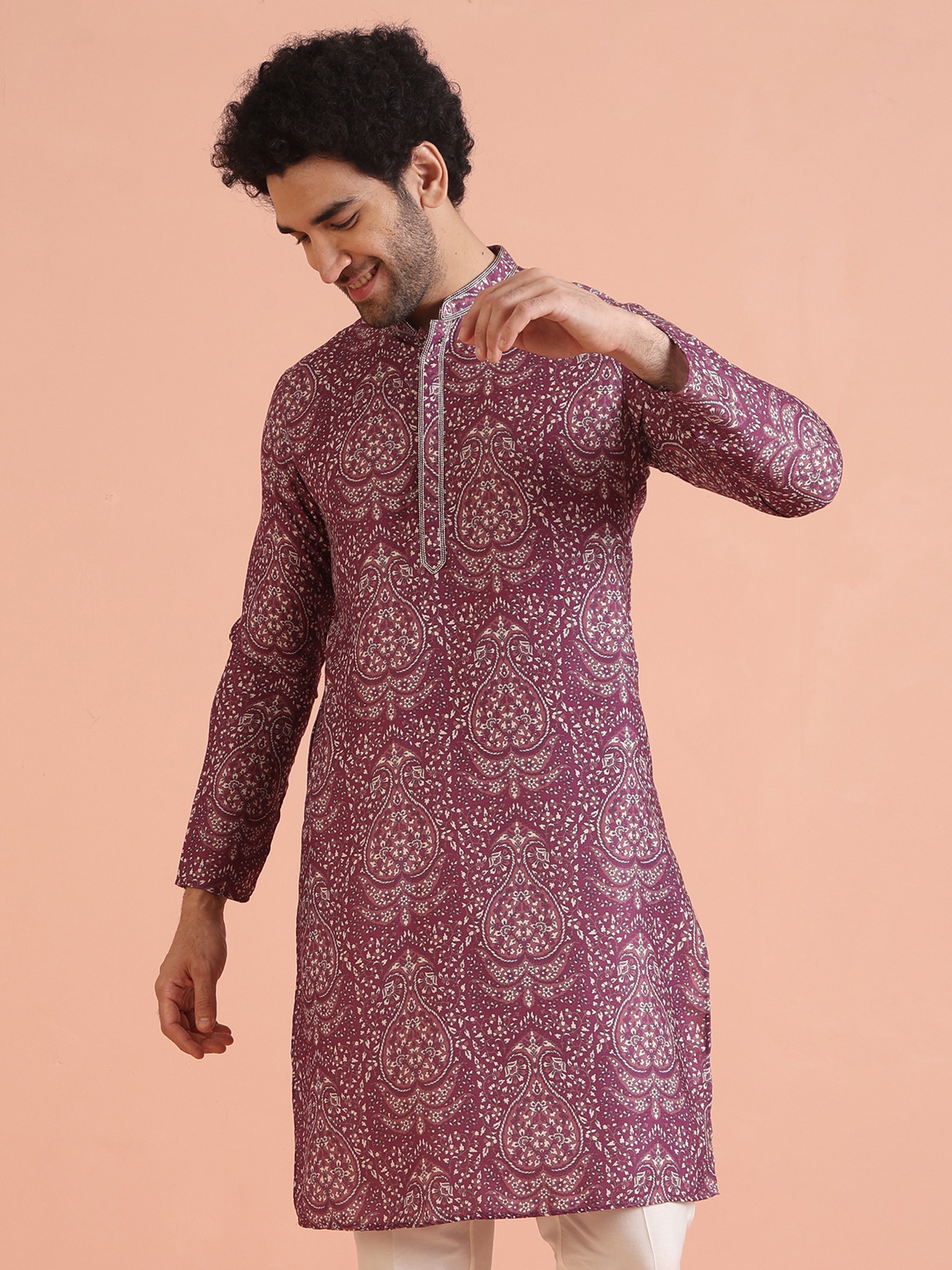 Men's Maroon Art Silk Paisley Printed Festive Kurta
