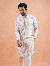 Men's White Silk Blend with Multicolor Floral Prints and Mandarin Collar Festive Kurta
