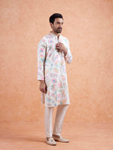 Men's White Silk Blend with Multicolor Floral Prints and Mandarin Collar Festive Kurta