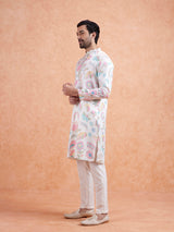Men's White Silk Blend with Multicolor Floral Prints and Mandarin Collar Festive Kurta