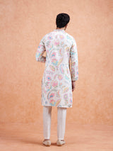 Men's White Silk Blend with Multicolor Floral Prints and Mandarin Collar Festive Kurta