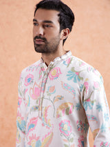 Men's White Silk Blend with Multicolor Floral Prints and Mandarin Collar Festive Kurta