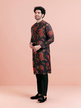 Men's Black Silk Blend with Red and Green Floral Printed Festive Kurta