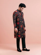 Men's Black Silk Blend with Red and Green Floral Printed Festive Kurta